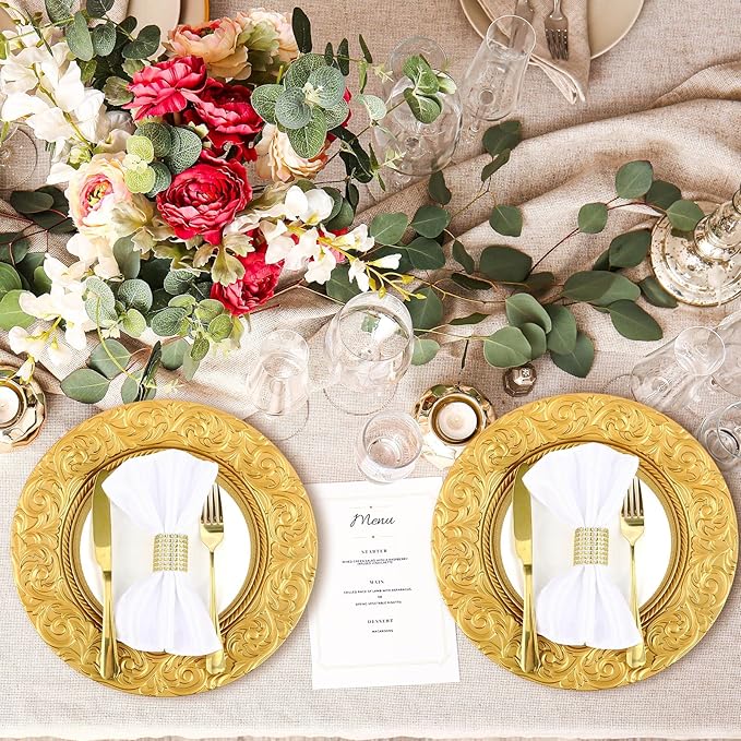 Uiifan 50 Pcs Antique Charger Plates Bulk 13'' Plastic Plate Chargers Decorative Embossed Rim Round Plates for Wedding Party Event Dinner Kitchen Table Setting Decoration (Gold)