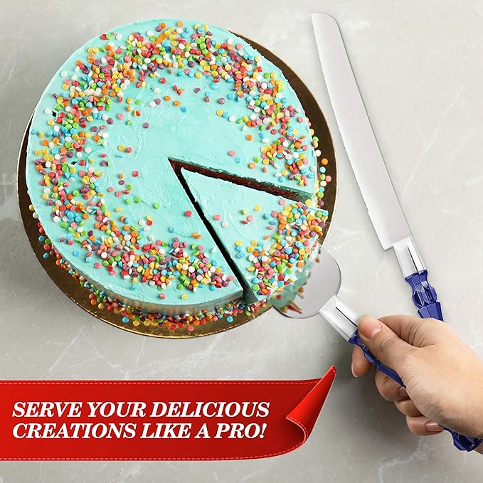 Cake Knife and Server Set, Cake Cutter and Pie Spatula, Cake Server and Knife Set with Acrylic Crystal Handles, Cake Cutting Set for Wedding Cake – 1.2mm Thick Blades, Birthdays, and Parties (Blue)