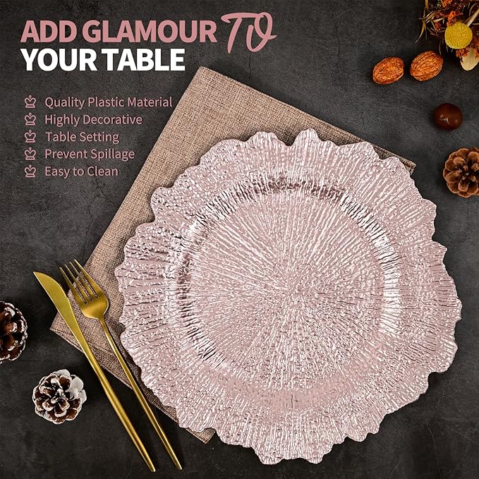 24 Pcs Rose Gold Charger Plates Bulk 13 Inch Plastic Charger Plates for Dinner Plate, Rose Gold Chargers for Table Setting, Reef Design Plate Floral Decorative Round Chargers for Wedding Party, Event