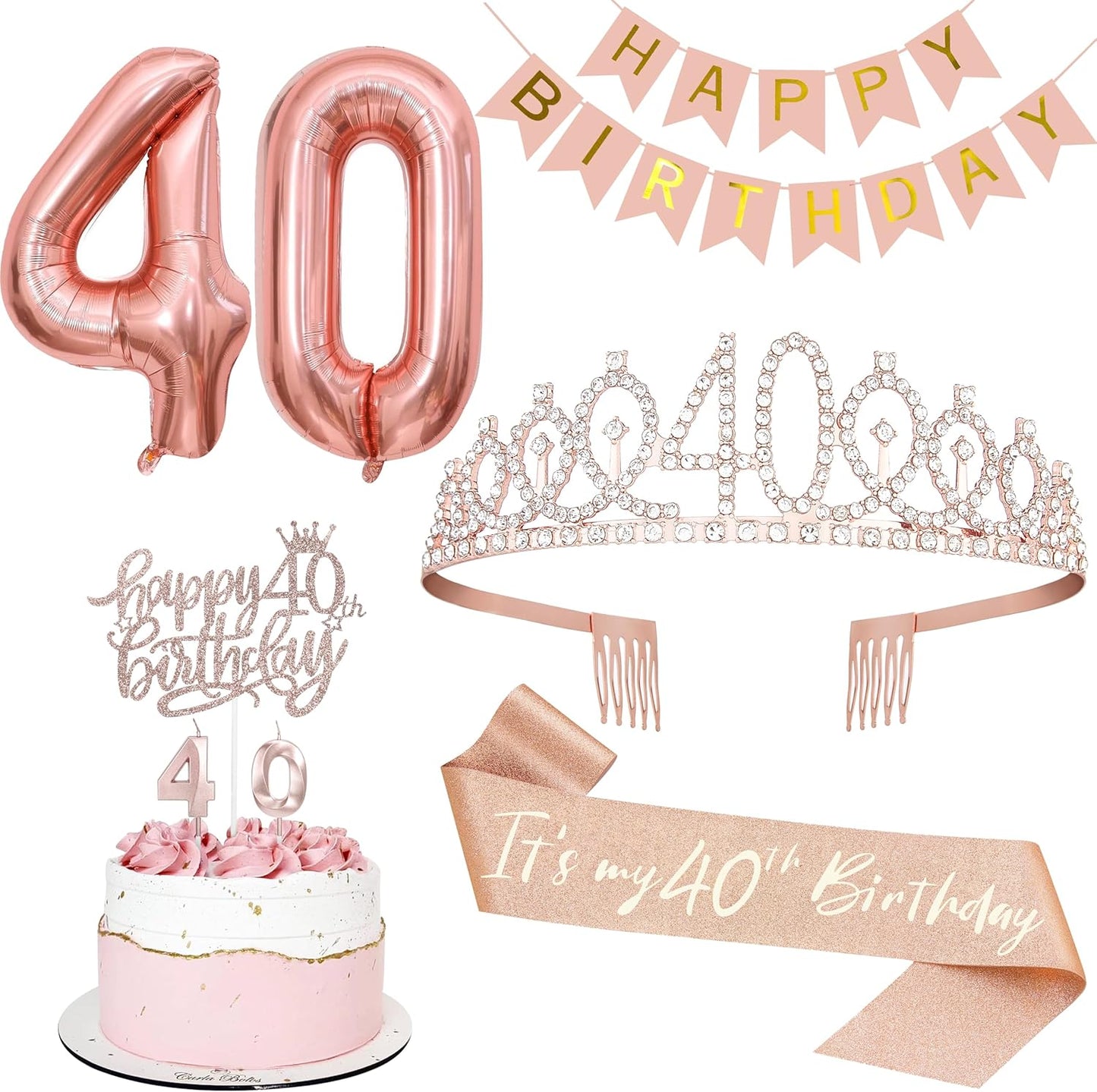 40th Birthday Decorations for Women, Including 40th Tiara and Sash, Happy Birthday Banner, Cake Toppers, Number Candles and Balloons Set, Rose Gold