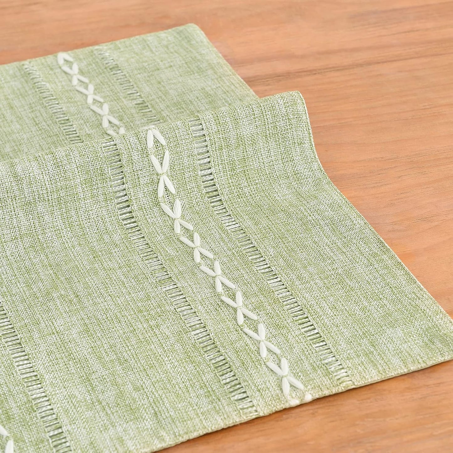 Wracra Cotton Linen Placemats, 14 x 19 Inch Set of 8 Placemats Rustic Hemstitch Place Mats for Kitchen Table and Heat Resistant-Hemstitch Sage Green