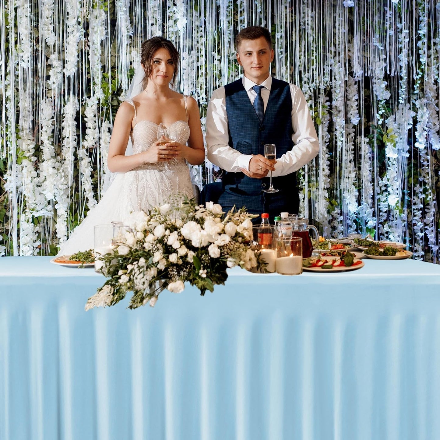 HolidayIdeas Floor Length 4ft Spandex Tablecloth Fitted Stretch Table Skirts 24x48 Inch, Ruffle Design Wrinkle-Free Polyester Table Cover for Weddings Parties Banquets Events,Baby Blue, 2 Pcs