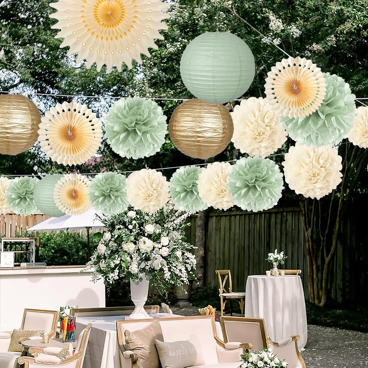 Sage Green Party Decorations Sage Green and Cream Paper Fans Paper Lanterns Pom Poms Flowers for Baby Shower Birthday Wedding Engagement Party