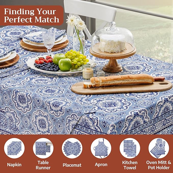 Maison d' Hermine Table Cloth Rectangle Table 100% Cotton 70 x 140 Inches Tablecloth Reusable Decorative for Dining Room Farmhouse Home Valentines Day Decorations Spring Summer - Melodie Bleue