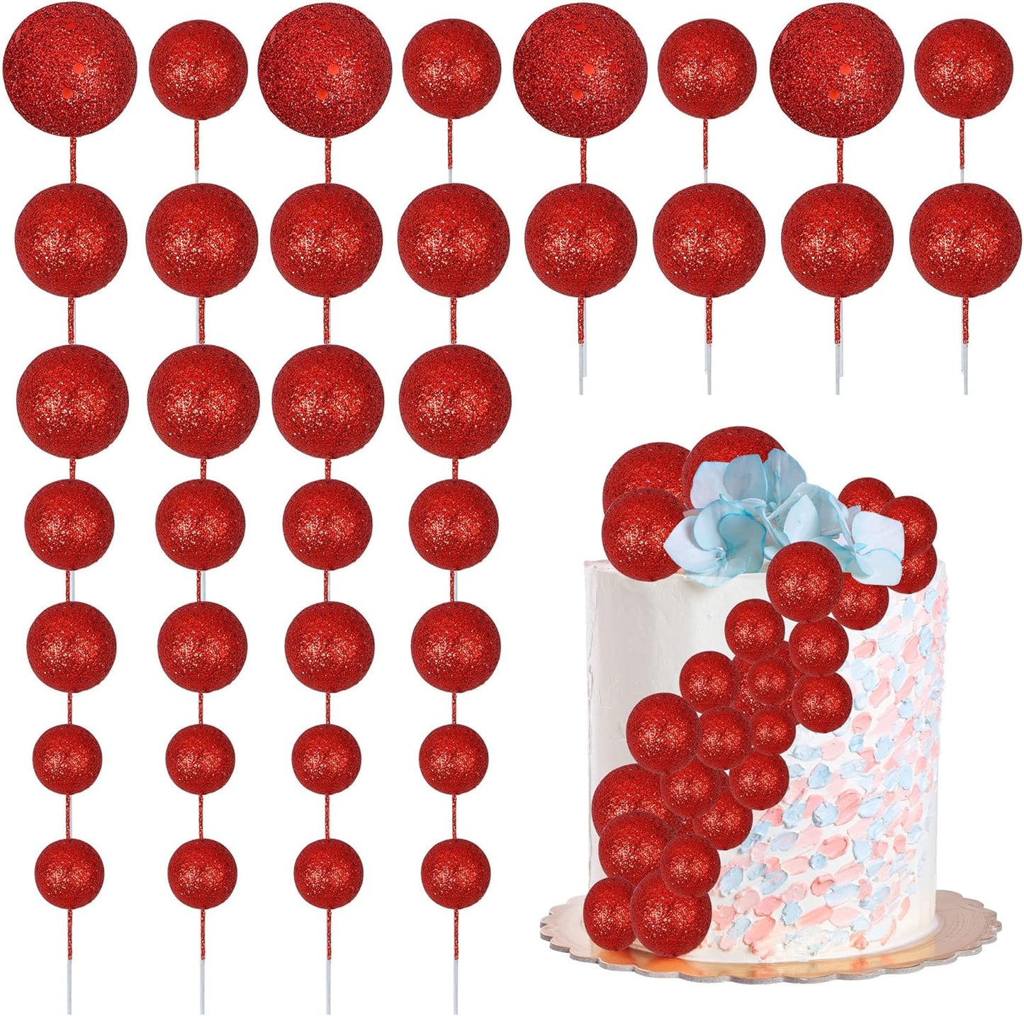 30Pcs Balls Cake Topper Glitter Foam Ball Cake Picks Mini Balloon Cupcake Insert Bubble Balls DIY Decoration for Baby Shower Wedding Anniversary Kids Birthday Graduation Party Cake Decorations Red