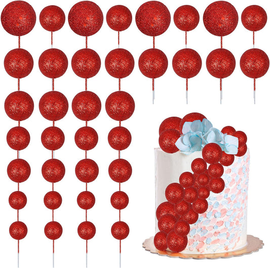 30Pcs Balls Cake Topper Glitter Foam Ball Cake Picks Mini Balloon Cupcake Insert Bubble Balls DIY Decoration for Baby Shower Wedding Anniversary Kids Birthday Graduation Party Cake Decorations Red