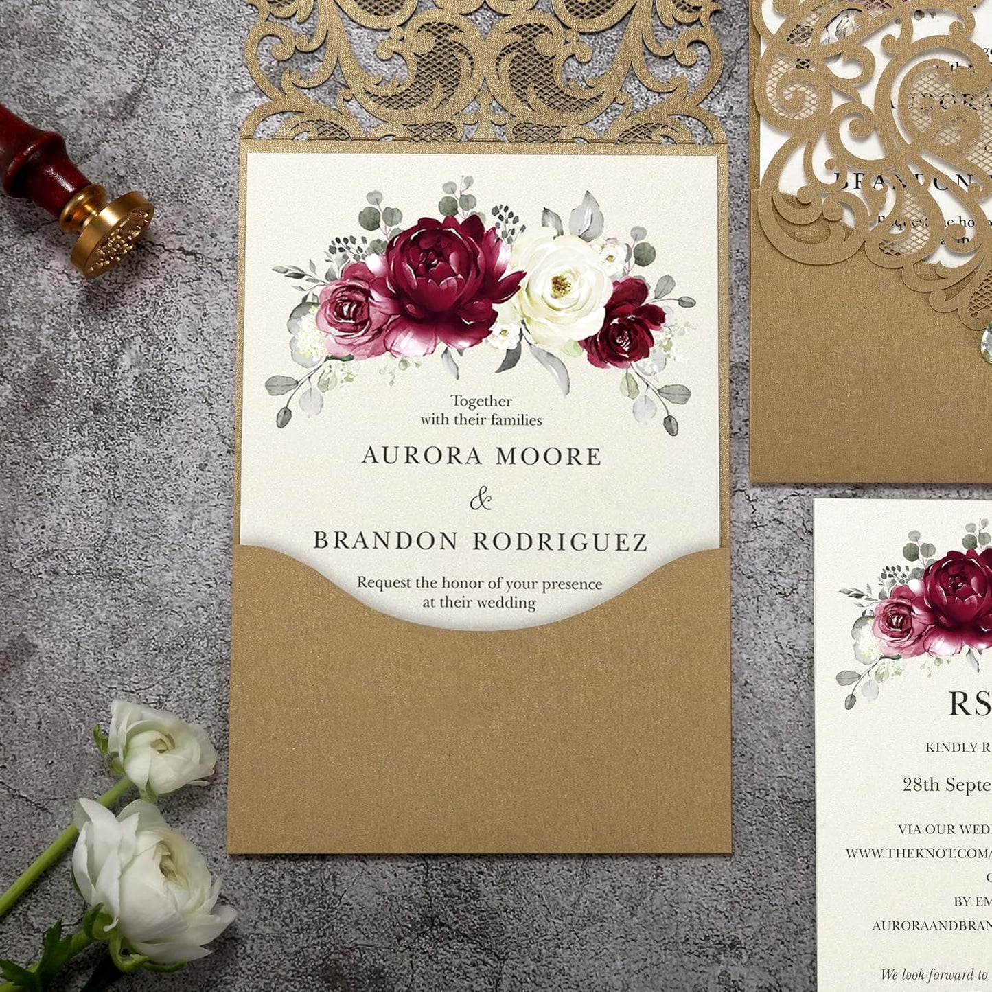 50pcs Laser Cut Wedding Invitations with Envelopes and RSVP Cards Burgundy and Gold, 5x7.3 Personalized Invitation Cards for Wedding, Anniversary Invitations with Rhinestone