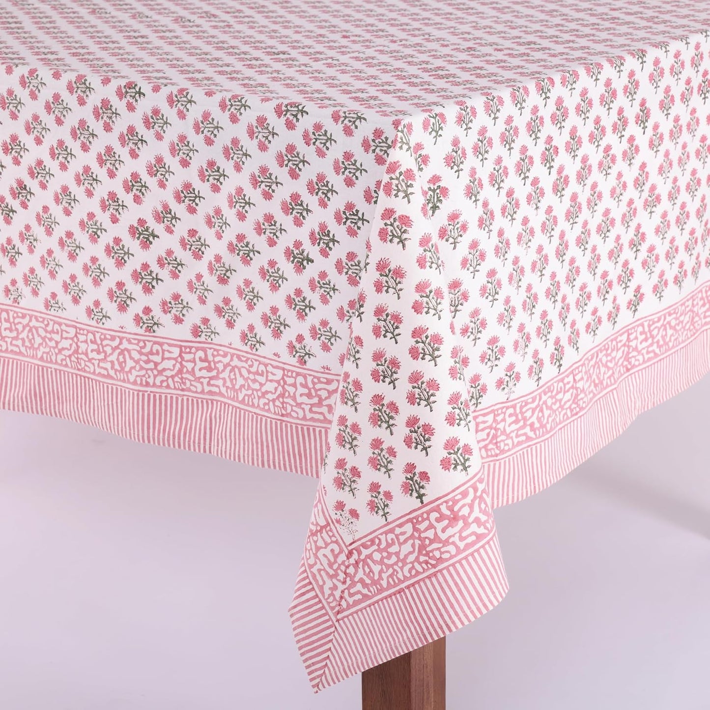 ATOSII Gulbahar White Pink 100% Cotton Fall Rectangle Tablecloth, Hand Block Print Washable Table Cover, Christmas Parties Buffet Dining, Weddings, Thanksgiving, Halloween, 60 X 90 Inches, 6 Seater