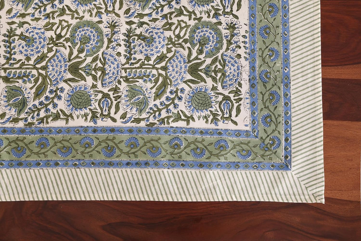 ATOSII Clover Blue 100% Cotton Rectangle Spring Tablecloth, Handblock Floral Print Linen Table Cloth for Kitchen Dining I Parties, Outdoors, Weddings, Easter Holidays I 72 X 108 Inches I 8 Seater