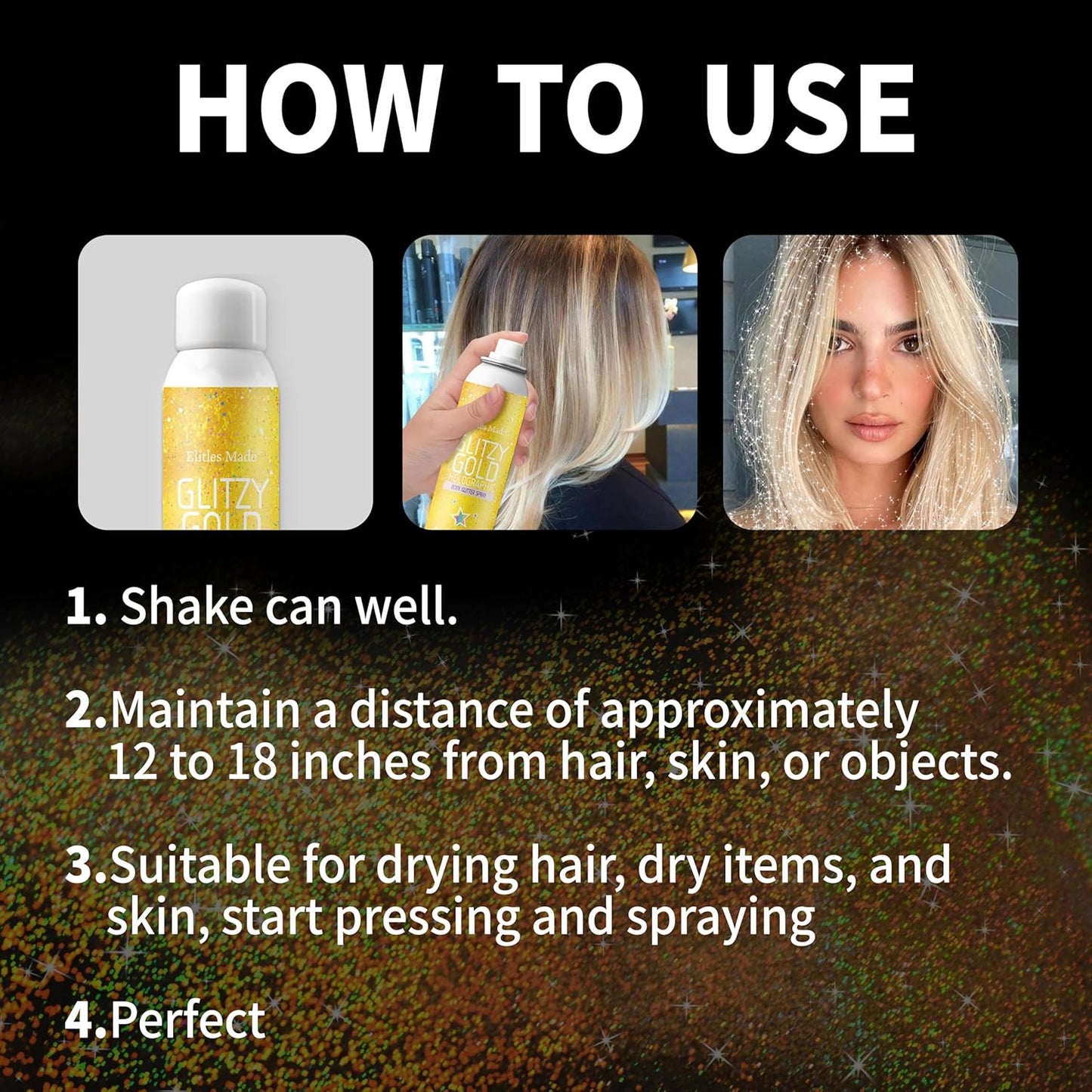 Hair Glitter Body Glitter Spray, 150ML Glitter Hairspray Gold Glitter Spray for Hair and Body, Hair Glitter for Kids Women, Body Shimmer Festival Rave and Makeup 4.2 Fl Oz