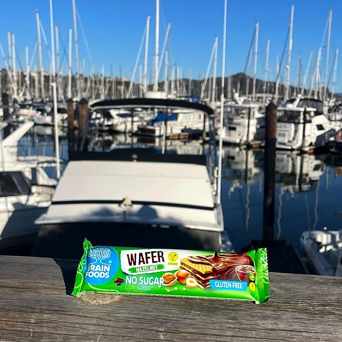 BRAIN FOODS Gluten Free Vegan Chocolate Coated Hazelnut Wafers - 12 Bars, No Sugar Added, High Fiber, No Palm Oil, 1.4 oz, 170 Calories, Guilt Free Snack, Natural Hazelnut Flavor