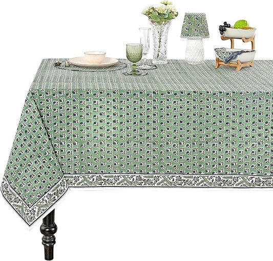 Ridhi Hand Block Print Basil Green Rectangle Cotton Tablecloth 120" x 80" Reusable Table Cover Decorative Everyday Use for Dining, Farmhouse, Home Gift for Spring, Easter, Valentine