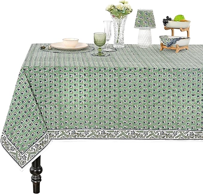 Ridhi Hand Block Print Basil Green Rectangle Cotton Tablecloth 140" x 72" Reusable Table Cover Decorative Everyday Use for Dining, Farmhouse, Home Gift for Spring, Easter, Valentine