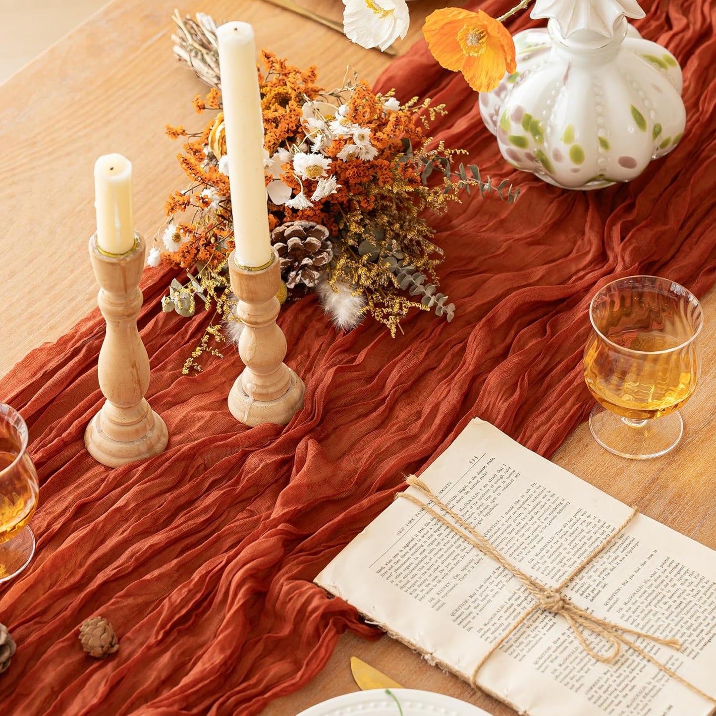 FEXIA Terracotta Cheesecloth Thanksgiving Table Runner 35x120 Inches Orange Red Rust Boho Gauze Christmas Table Runners Burnt for Wedding Decor Reception Bridal Shower Centerpiece
