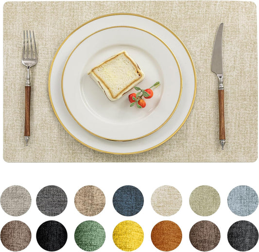 Romanstile Vinyl Placemats Set of 8-12 X 18 Inch - Heat Resistant Place Mats 100% Waterproof Oilproof Wipeable Reversible Faux Leather Table Mats for Kitchen/Dining/Party/Outdoor, Beige
