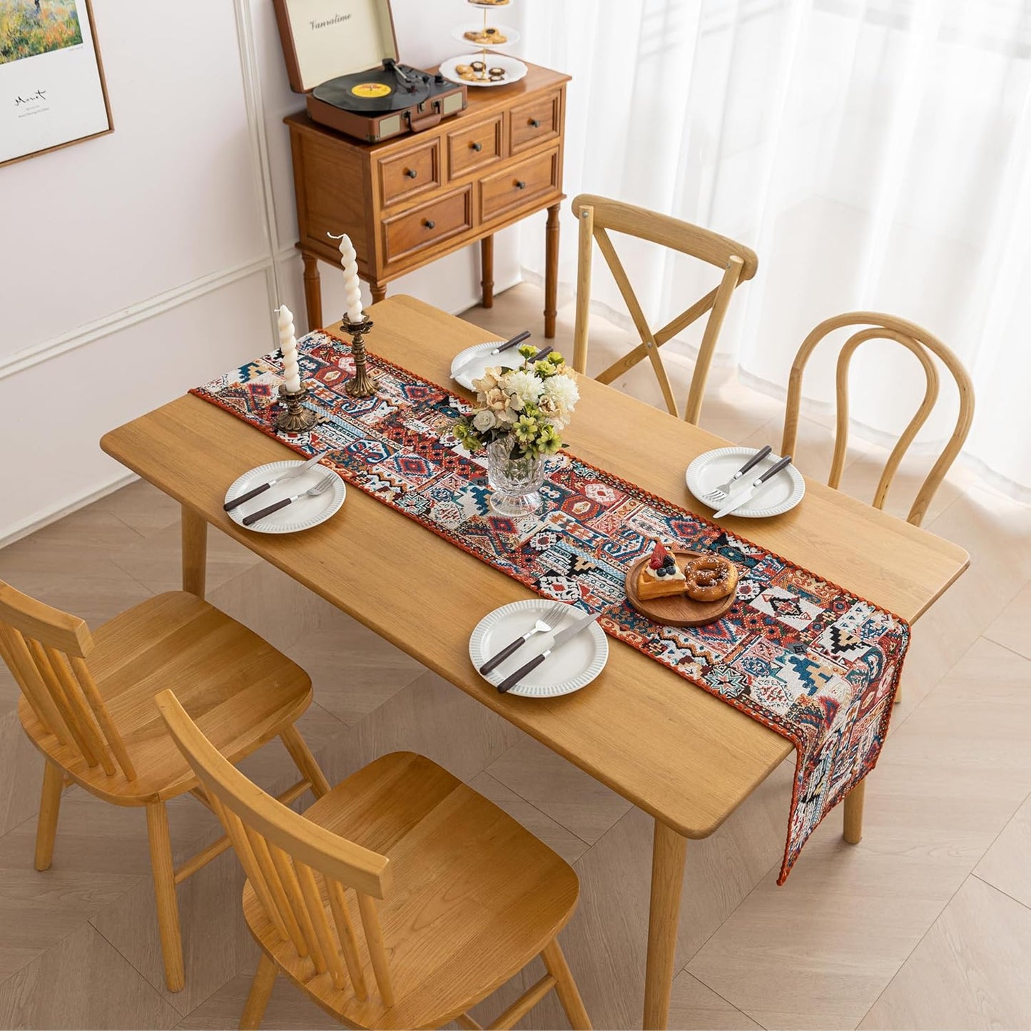 Boho Embroidery Table Runner, Geometry Fall Kitchen Dining Table Decoration for Home Party Decor 13x108Inch