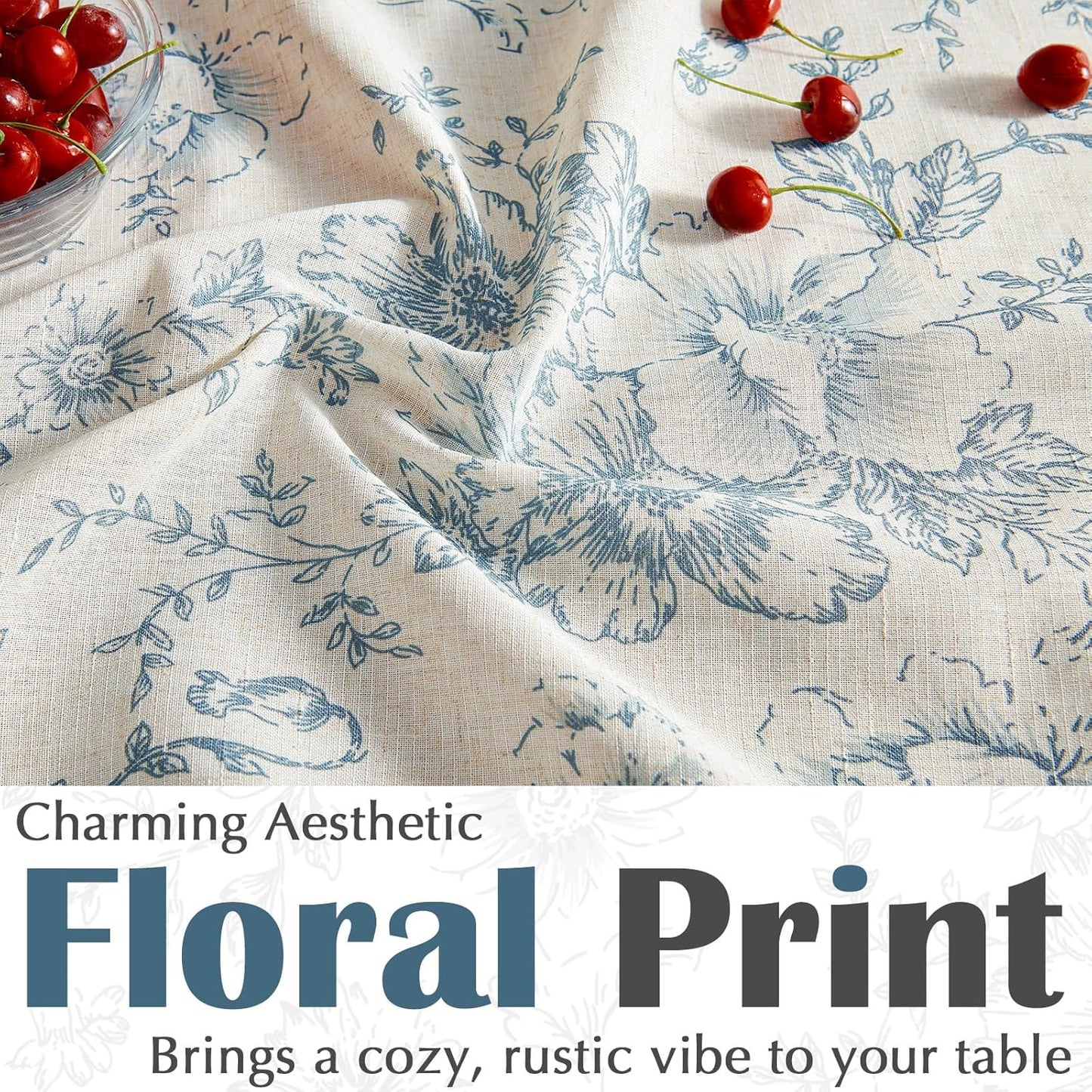 jinchan Linen Table Cloth 52 x 70 Inch with Flower Print Farmhouse Beige Linen Blend Cloth for Rectangle Dining Table Washable Cottage Table Cover Home Decor 1 Panel Floral Blue on Beige