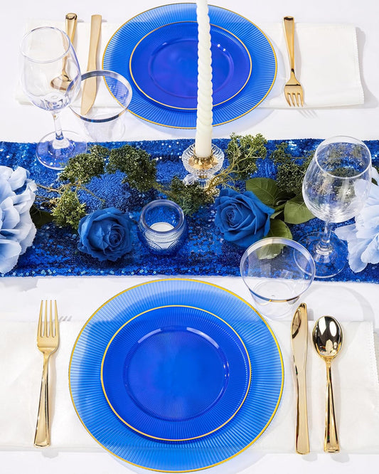 Hioasis 60pcs Blue Plastic Plates - Blue Gold Disposable Dinnerware Set, 30pcs Dinner 10.25in & 30pcs Dessert 7.5in Plates with Striped Designs for Party & Wedding
