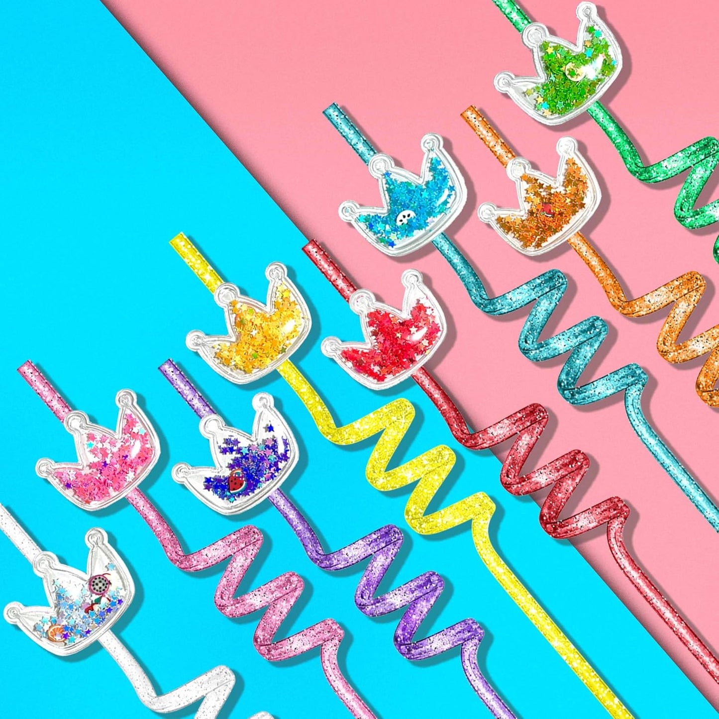 TUWUNA 24pcs Princess Party Favors Glitter Crown Straws Glitter Drinking Straws Goodie Gifts for Princess Birthday Party Supplies Decorations with 2 Clean Brushes