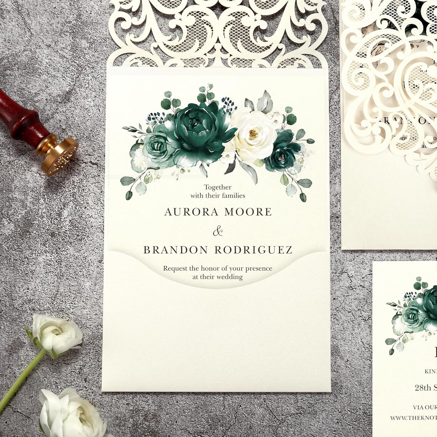 50pcs Laser Cut Wedding Invitations with Envelopes and RSVP Cards Green and Ivory White, 5x7.3 Personalized Invitation Cards for Wedding, Anniversary Invitations with Rhinestone