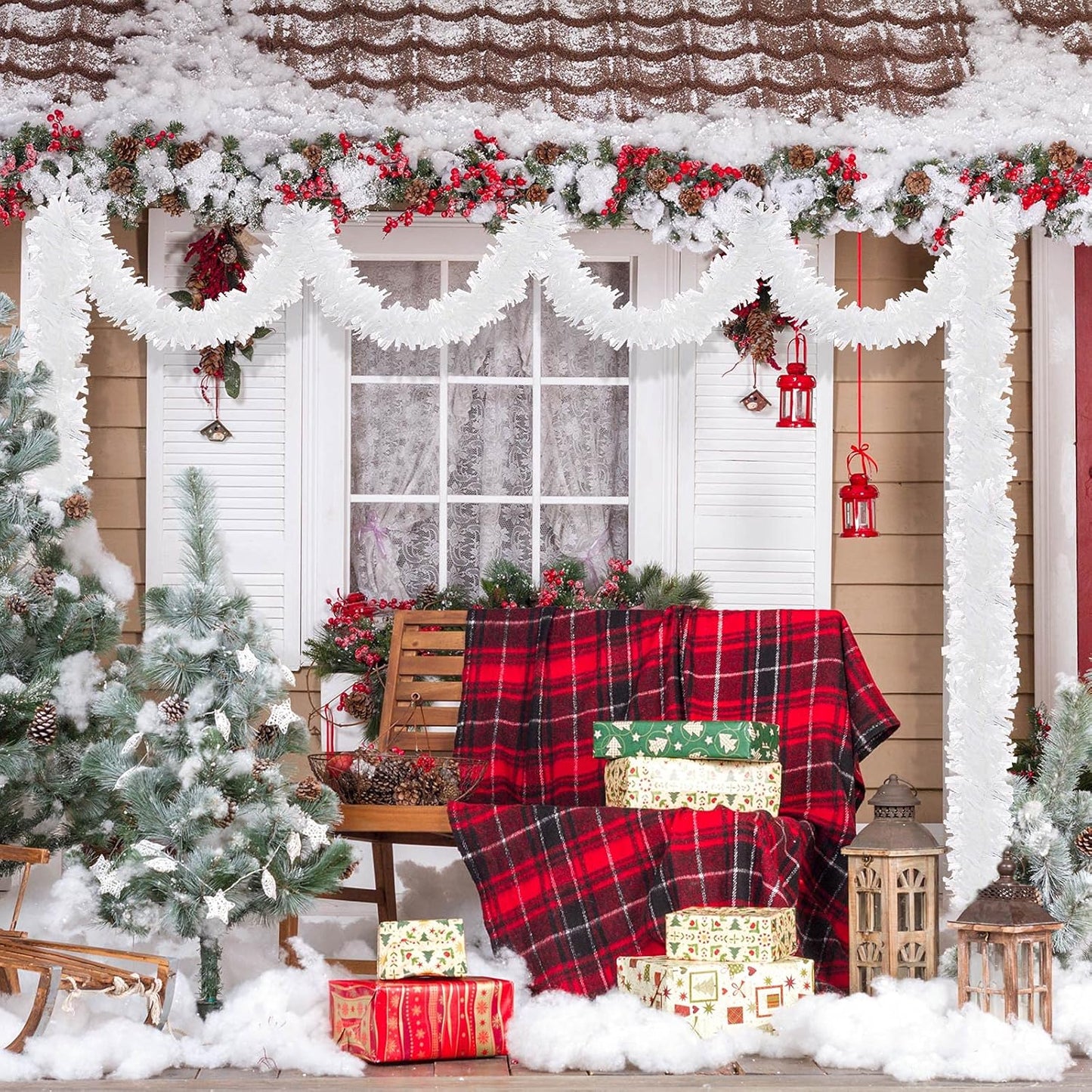 Sosation 100 ft Christmas Tinsel Garland Christmas Tree Twist Garland Bulk Glitter Metallic Streamer Indoor Outdoor Hanging Xmas Decorations(White)