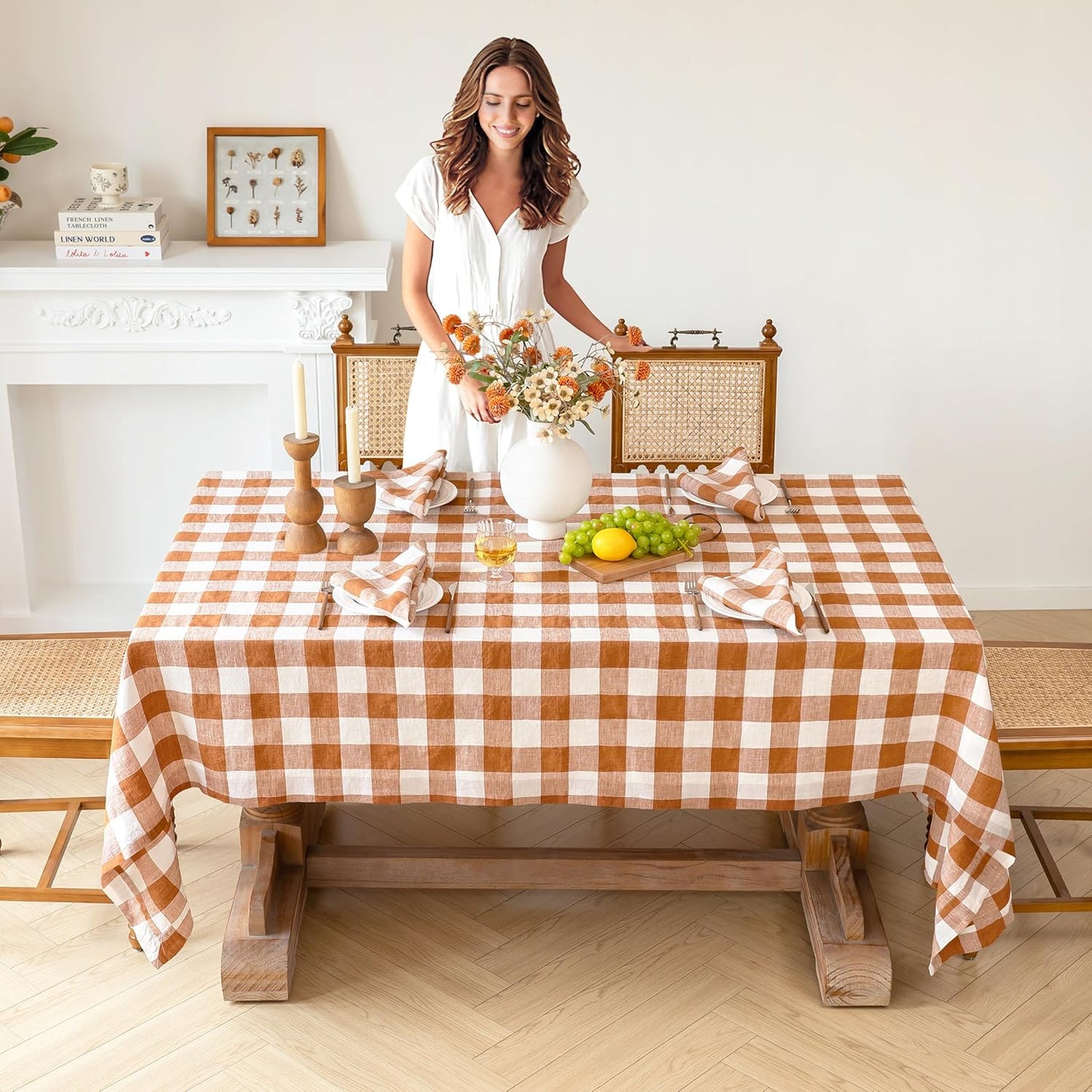 Linen World Gingham Tablecloth – Buffalo Plaid Linen Tablecloth 72" x 72" Inch,100% French Flax Table Cloth for Dining Table,Weddings,Thanksgiving & Christmas Decor,Rust Checkered