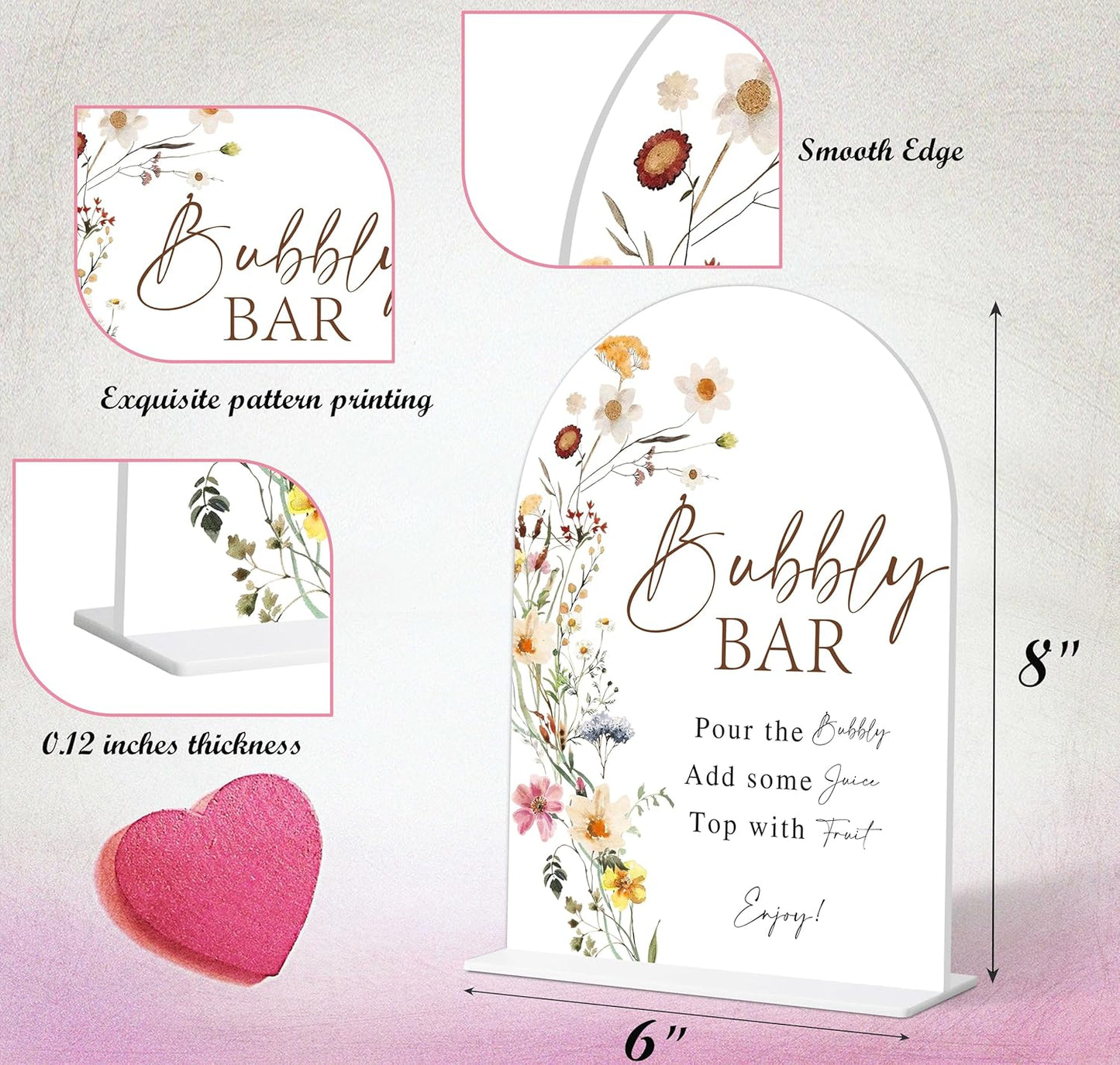 Bubbly Bar Sign, Flower Style Bubbly Bridal Shower Sign for Wedding, Engagement, Bridal Shower and Reception, Bridal Shower Decorations, Wedding Shower Favors, 6X8 Inch Acrylic Arch Sign with Stand,4