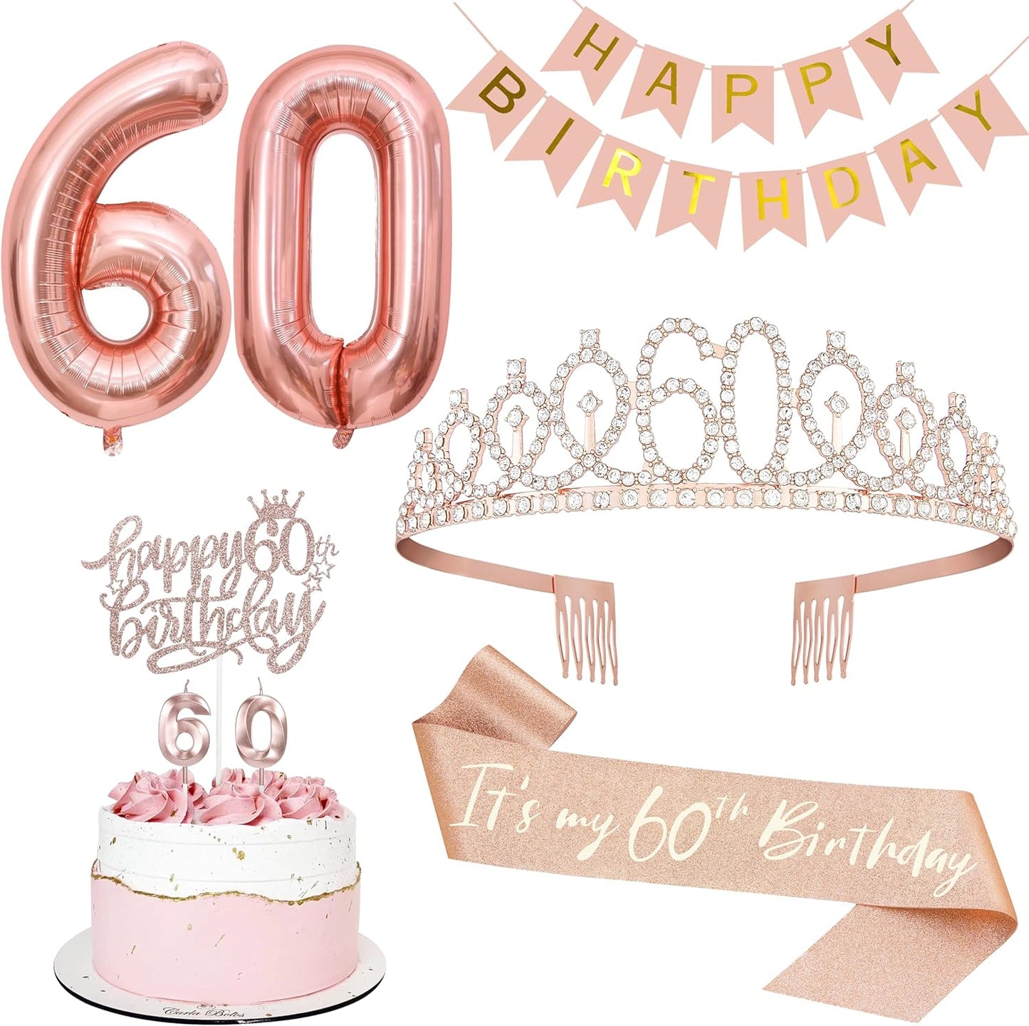 60th Birthday Decorations for Women, Including 60th Tiara and Sash, Happy Birthday Banner, Cake Toppers, Number Candles and Balloons Set, Rose Gold