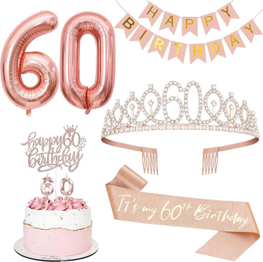 60th Birthday Decorations for Women, Including 60th Tiara and Sash, Happy Birthday Banner, Cake Toppers, Number Candles and Balloons Set, Rose Gold