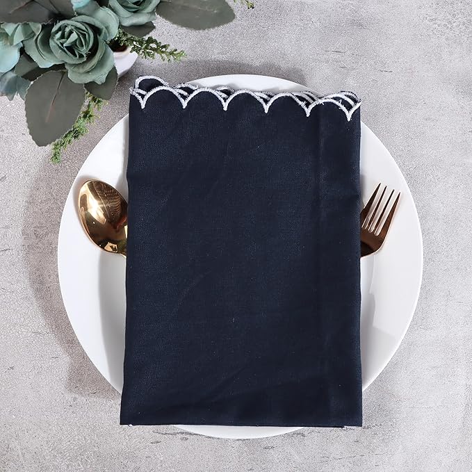 FINGERCRAFT Cloth Napkins, Everyday Use Reversible Scallop Design, Premium Quality Cotton Linen Blend Napkin Set of 6 Perfect for Parties Dinners Weddings Easter Napkin Cloth 20x20 inch Navy