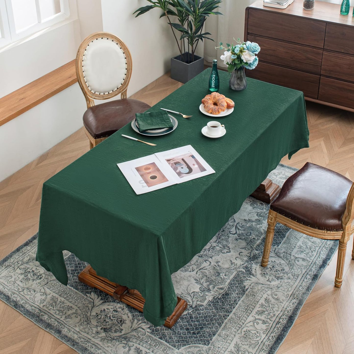 Linen World Linen Tablecloth,100% French Linen Green Tablecloth 132" x 90" Inch,Washable Rectangular Tablecloth for Dining,Outdoor,Weddings and Restaurants,Decorative Thanksgiving Christmas