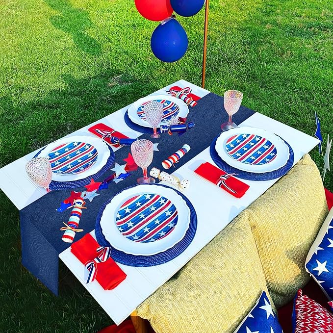 Navy Blue Table Runners 13x108 inches 2 Pieces Burlap Runner 4th of July Decorations for Home, Farmhouse, Dining Linens Decoration Independence Day
