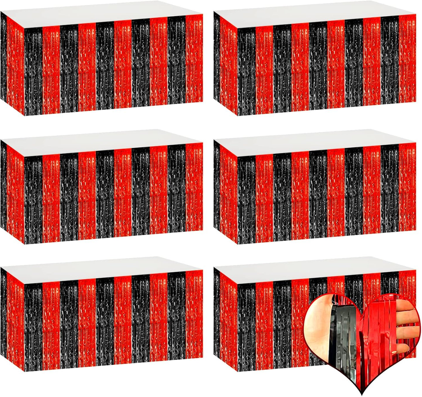 6 Pack 29x108 Inch Metallic Foil Fringe Table Skirts Banner for Tinsel Streamer Garland Curtains Backdrop for Parade Floats Casino Viva Las Vegas Game Night Birthday Party Decorations(Black Red)