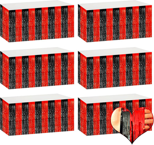 6 Pack 29x108 Inch Metallic Foil Fringe Table Skirts Banner for Tinsel Streamer Garland Curtains Backdrop for Parade Floats Casino Viva Las Vegas Game Night Birthday Party Decorations(Black Red)
