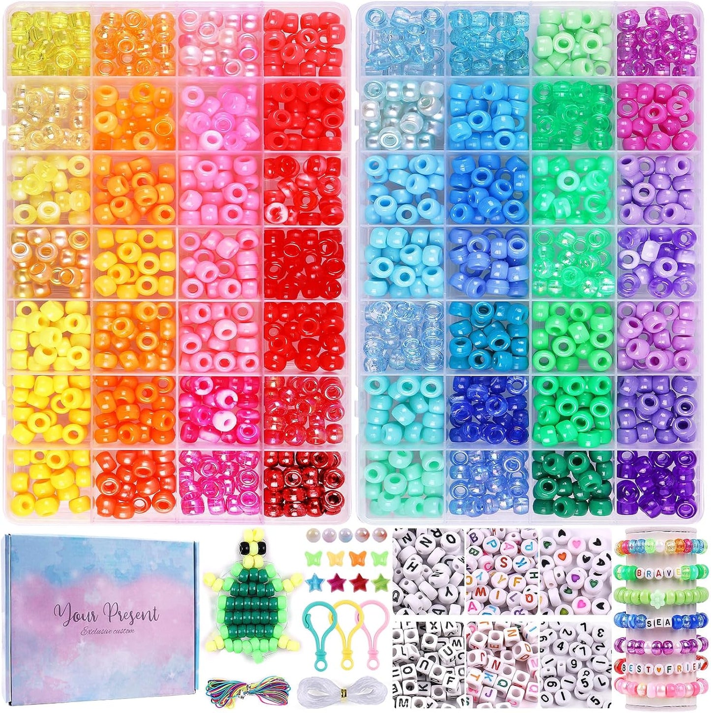 3080 Pcs Pony Beads for Bracelet Making Kit, 56 Colors 6x9mm Rainbow Kandi Beads, Friendship Kandi Bracelet Kit with 800 Pcs Colorful Alphabet Letters for Jewelry Making for DIY Crafts Gifts