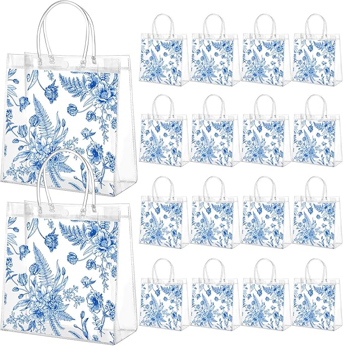 Kacctyen 24 Pcs Gift Bags for Party Favor Clear Goodie Bags with Handle 7.87 x 7.87 x 3.15 Return Gift Wrap Totes for Guests Treat Candy Wrapping (Blue Floral)