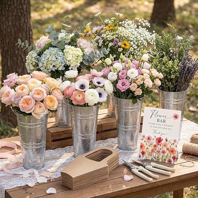LEIFIDE 39 Pcs Flower Bar Buckets Set Kit Bloom Bar Supplies Include Wood Sign Gift Bags Iron Bucket Garden Flower Shears for Valentine Days Wedding Bridal Shower Table Centerpieces (Silver)