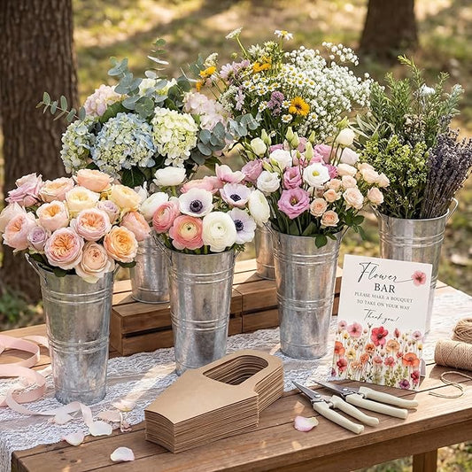 LEIFIDE 39 Pcs Flower Bar Buckets Set Kit Bloom Bar Supplies Include Wood Sign Gift Bags Iron Bucket Garden Flower Shears for Valentine Days Wedding Bridal Shower Table Centerpieces (Silver)