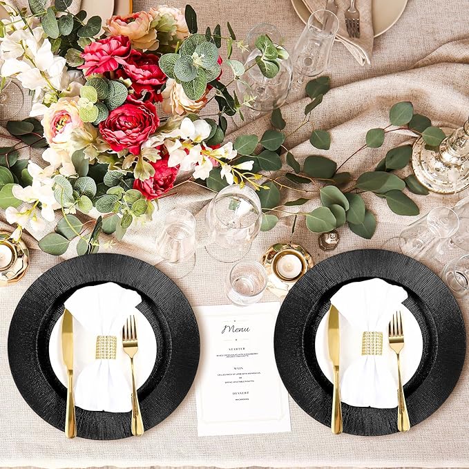 Tanlade 100 Pcs Charger Plates Bulk, 13 Inch Plastic Round Charger Dinner Plates Elegant Wedding Serving Plate for Event Tabletop Wedding Party Bridal Baby Shower Decor (Black)