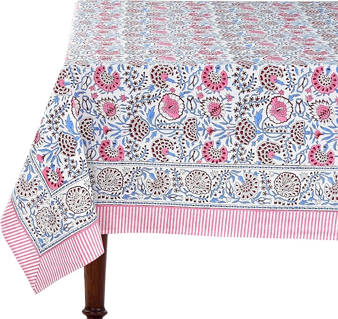 Ridhi Hand Block Print Pigeon Blue Flamingo Pink Rectangle Cotton Tablecloth 120" x 80" Reusable Table Cover Decorative Everyday Use for Dining, Farmhouse, Home Gift for Spring, Easter, Valentine