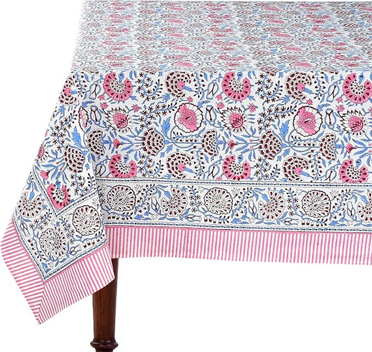 Ridhi Hand Block Print Pigeon Blue Flamingo Pink Rectangle Cotton Tablecloth 120" x 80" Reusable Table Cover Decorative Everyday Use for Dining, Farmhouse, Home Gift for Spring, Easter, Valentine