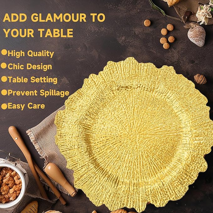 20pcs Gold Charger Plates,13 Inch Charger Plates Bulk,Round Ruffled Rim Chargers for Dinner Plate,Disposable Chargers Plate for Wedding,Party