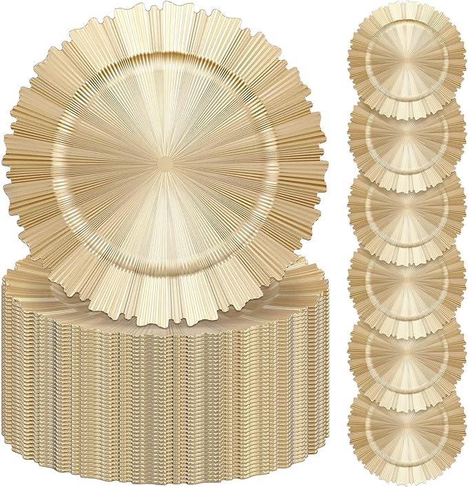 Mifoci 100 Pcs Champagne Gold Charger Plates Bulk 13 Inch Plastic Round Chargers Fluted Edge Dinner Plate Wedding Decoration for Table Setting Wedding Party Event Tabletop
