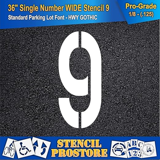 Pavement Stencils - 36 inch Single Number Stencil (Wide) - 9-36" x 16" x 1/8" (128 mil) - Pro-Grade