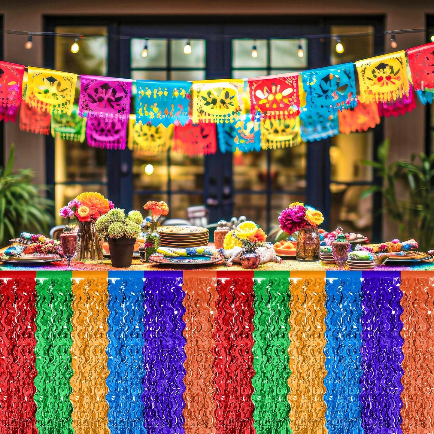 Day of the Dead Table Decorations, 2 Pack Dia De Los Muertos Fiesta Desk Skirts Supplies, Mexican Theme Metallic Wavy Tinsel Foil Fringe Table Skirts, Rainbow Skirts for Mexico Day of The Dead Decor