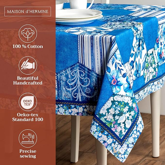 Maison d' Hermine Table Cloth Rectangle Table 100% Cotton 60 x 90 Inches Tablecloth Reusable Decorative for Dining Room Farmhouse Home Valentines Day Decorations Spring Summer - Summer Blues