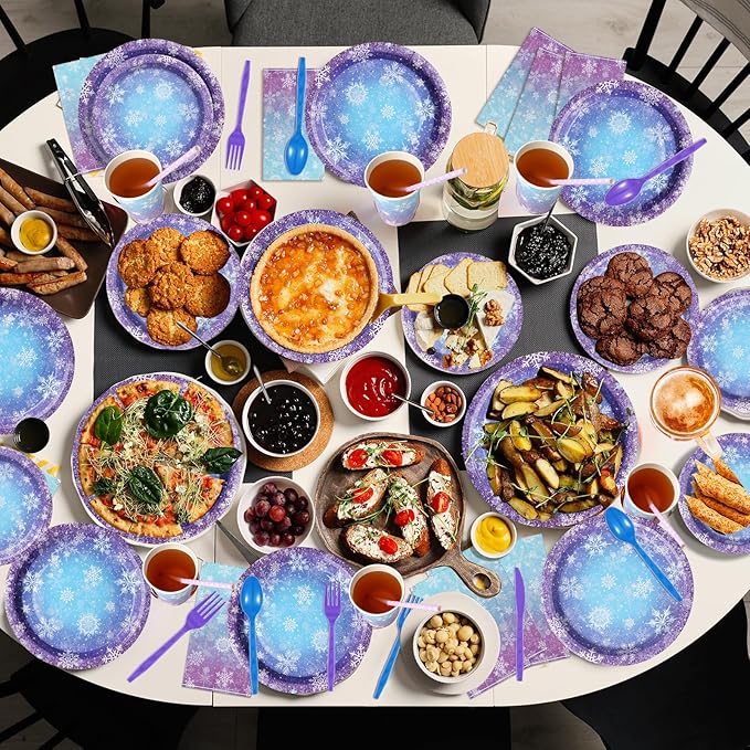 Winter Snowflake Paper Plates and Napkins Set, Blue and Purple Snowflake Winter Wonderland Disposable Tableware for Christmas Winter Holiday New Year Birthday Party Supplies Decorations, Serve 25