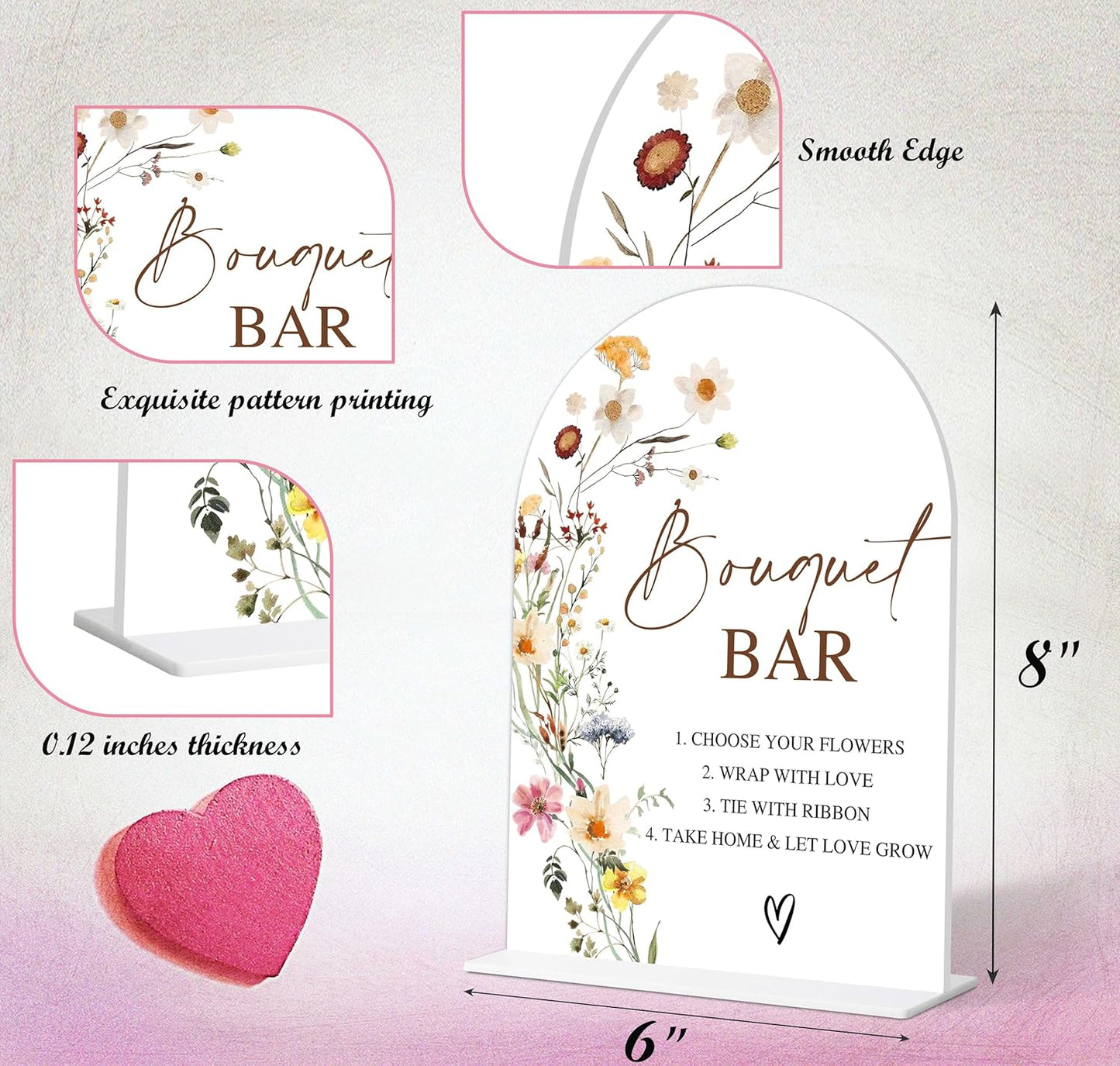 Bouquet Bar Sign, Flower Style Bridal Shower Sign for Wedding, Engagement, Bridal Shower and Reception, Bridal Shower Decorations, Wedding Shower Favors, 6X8 Inch Acrylic Arch Sign with Stand,5