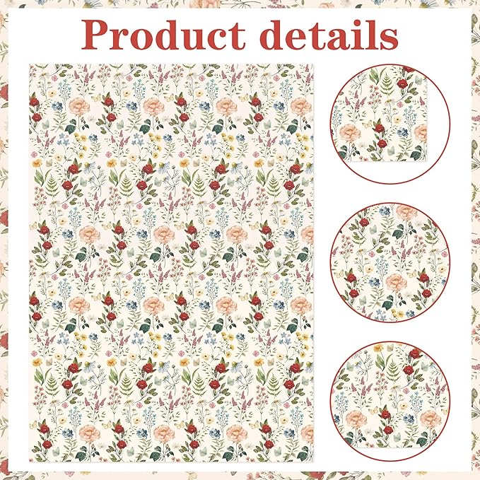 BACH AND BOUJEE 50 Sheets Vintage Wildflower Tissue Paper Floral Wrapping Paper Flower Printed DIY Craft Tissue Papers for Gift Bags Greenery Gift Wrap Packaging Bridal Shower Wedding Birthday