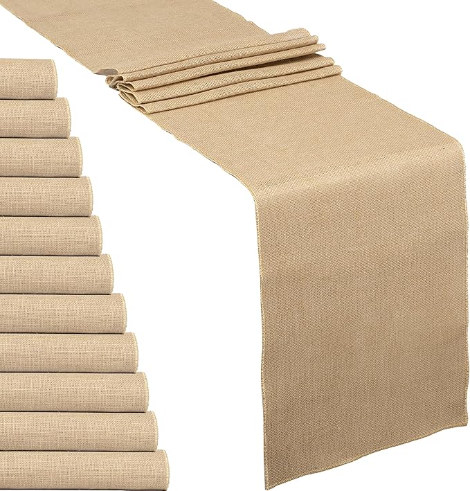 Burlap Table Runners Set of 12 – 12 x 108 Inch Natural Jute Rustic Farmhouse Table Decor for Parties, Holidays & Crafts